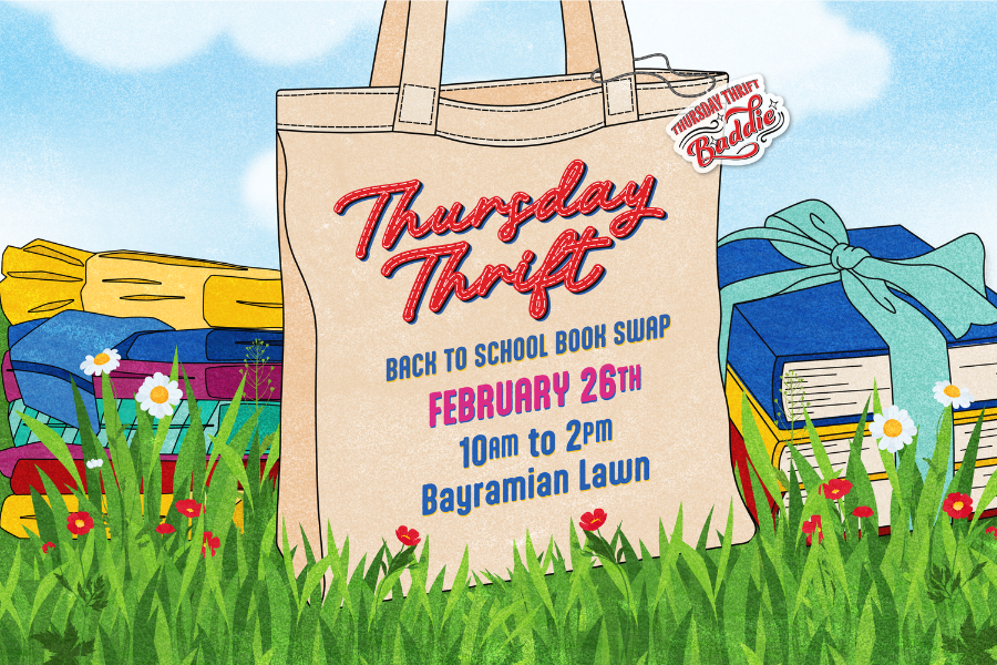 Thursday Thrift Back to School Book Swap writing on a tote bag with graphics of folded shirts and books in the background