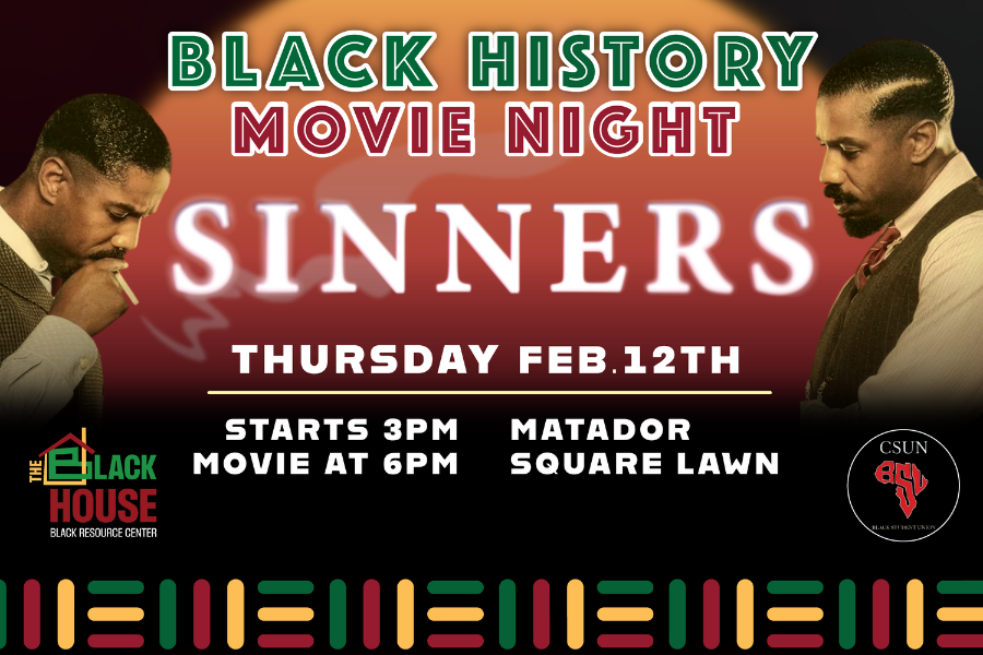 Black History Movie Night: Sinners writing in-between two pictures of Michael B Jordan