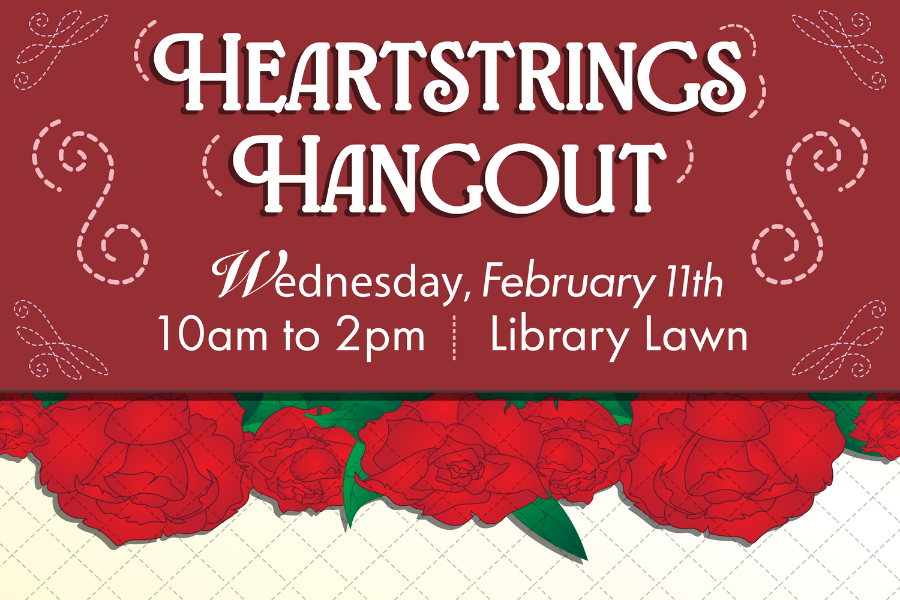Heartstrings Hangout writing with pictures of roses below the writing.