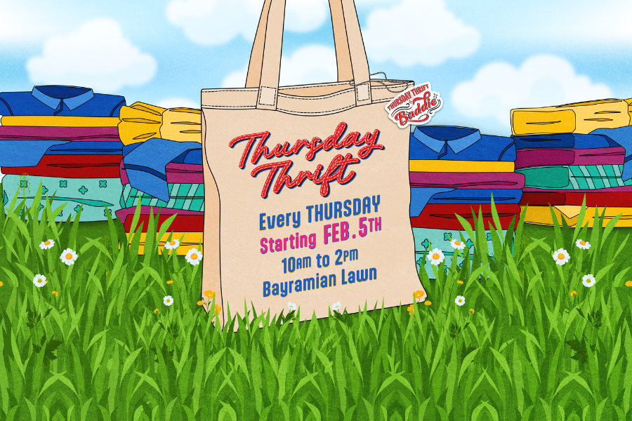 Thursday Thrift writing on a tote bag with graphics of folded clothes behind it