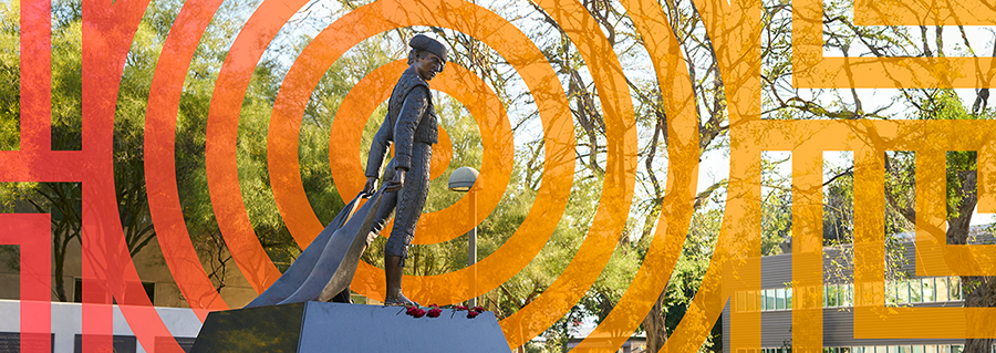 Admitted Matadors Day banner showing Matty the Matador statue.