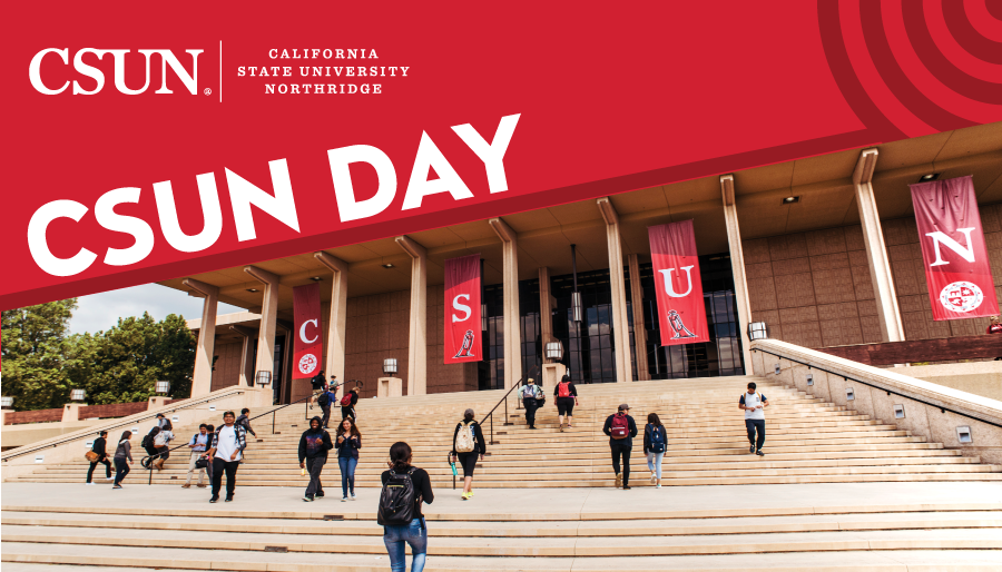 CSUN students walking up the stairs to the main entrance of the University Library.