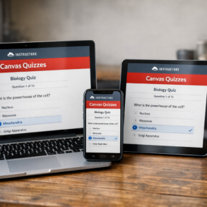 A biology quiz displayed on a laptop, smartphone, and tablet.