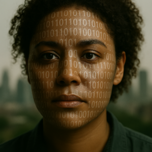 Close-up of a person's face with binary code overlay.
