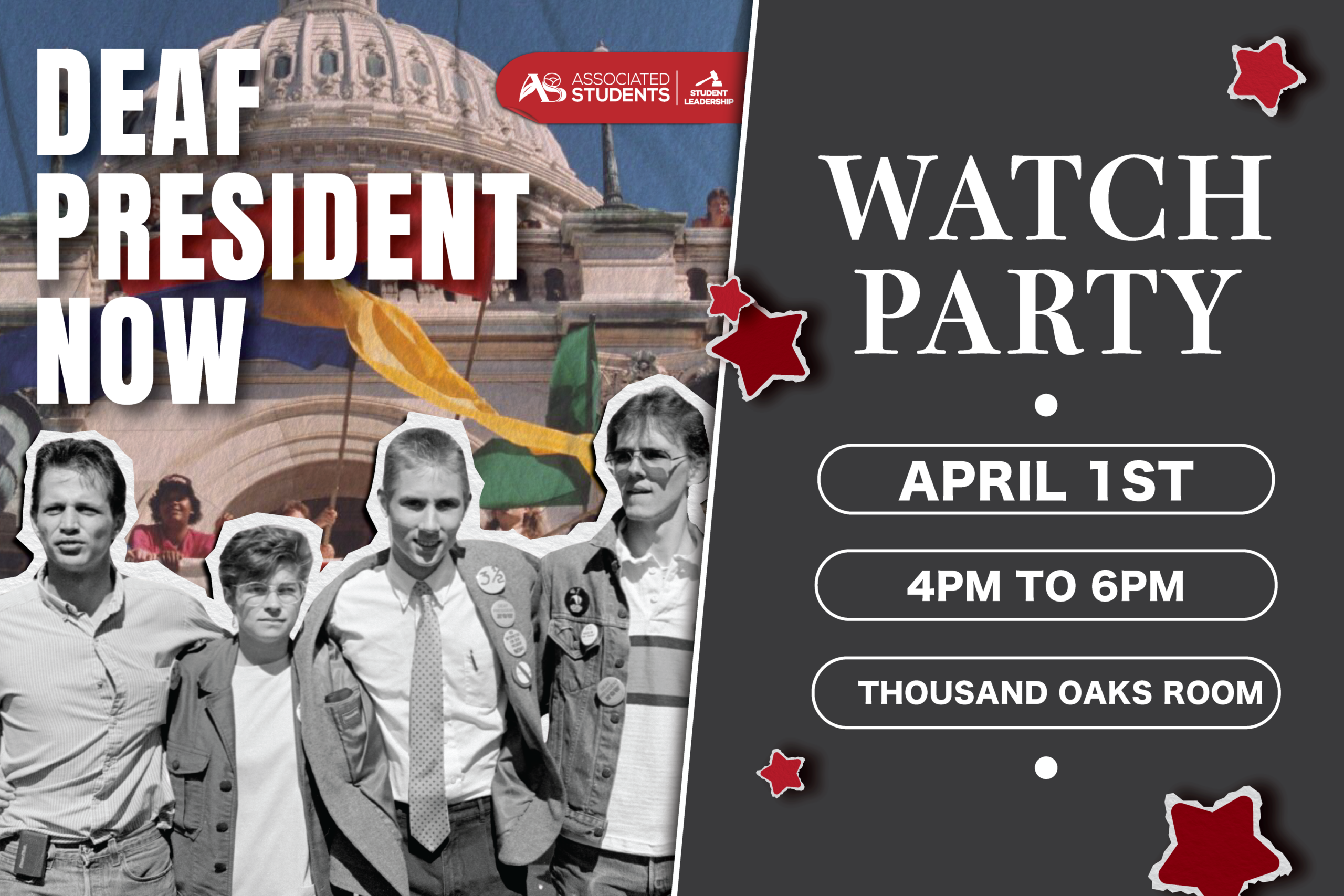 Deaf President Now Watch Party writing with pictures of people from the documentary