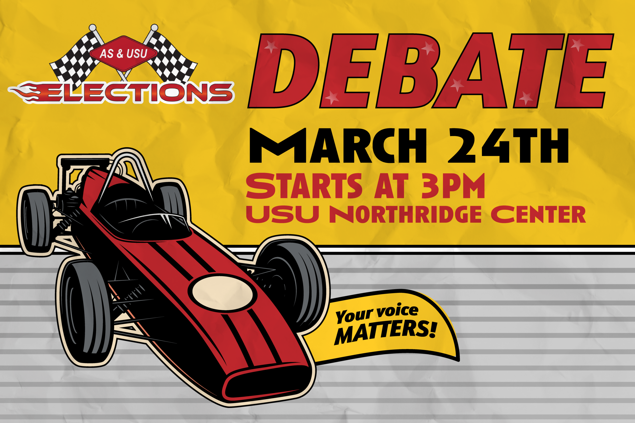 AS and USU Elections Debate writing on a yellow background with a graphics of a red racecar