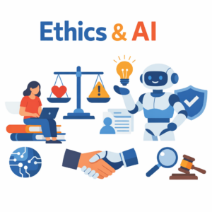 Illustration of "Ethics & AI" featuring a robot, scales, person with laptop, handshake, and legal symbols.
