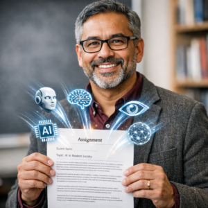 Man holding an assignment paper with digital graphics of AI and technology above it.