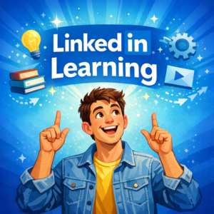 Illustration of LinkedIn Learning with an animated character and educational icons.
