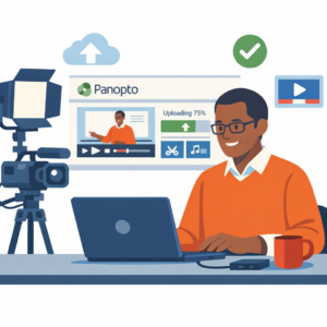 Illustration of a person working at a desk with a laptop, professional camera, and Panopto video interface.