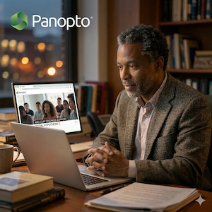 A college professor watching captions appear on their laptop. and the Panopto logo in the top left.