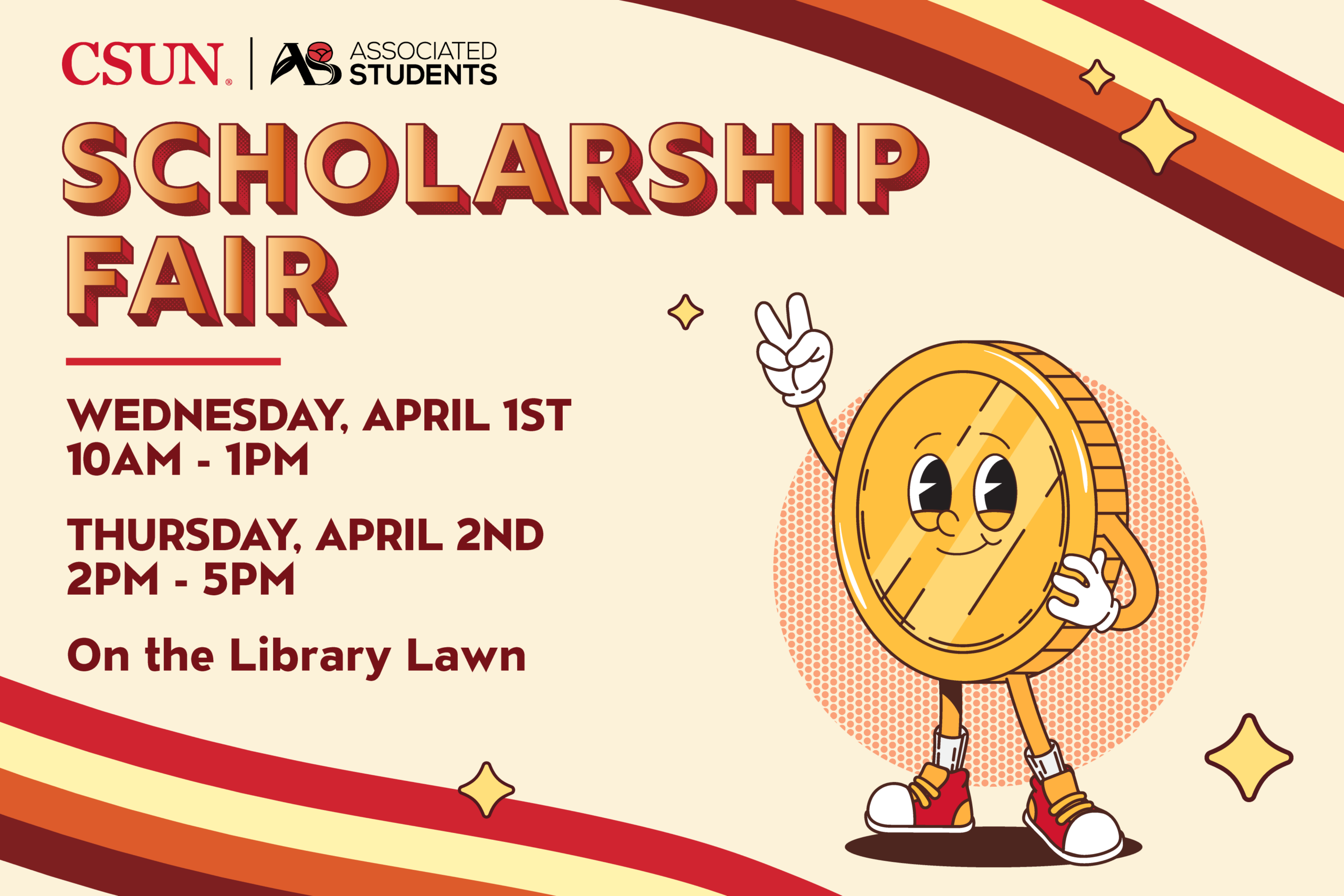 Scholarship Fair writing with a graphic of a coin character waving 