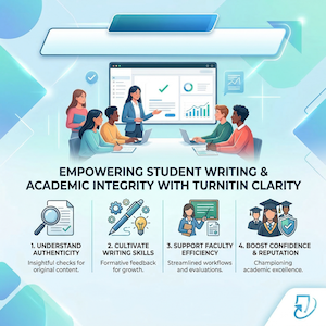 Illustration of a classroom with figures around a screen, and four icons describing benefits of Turnitin Clarity.