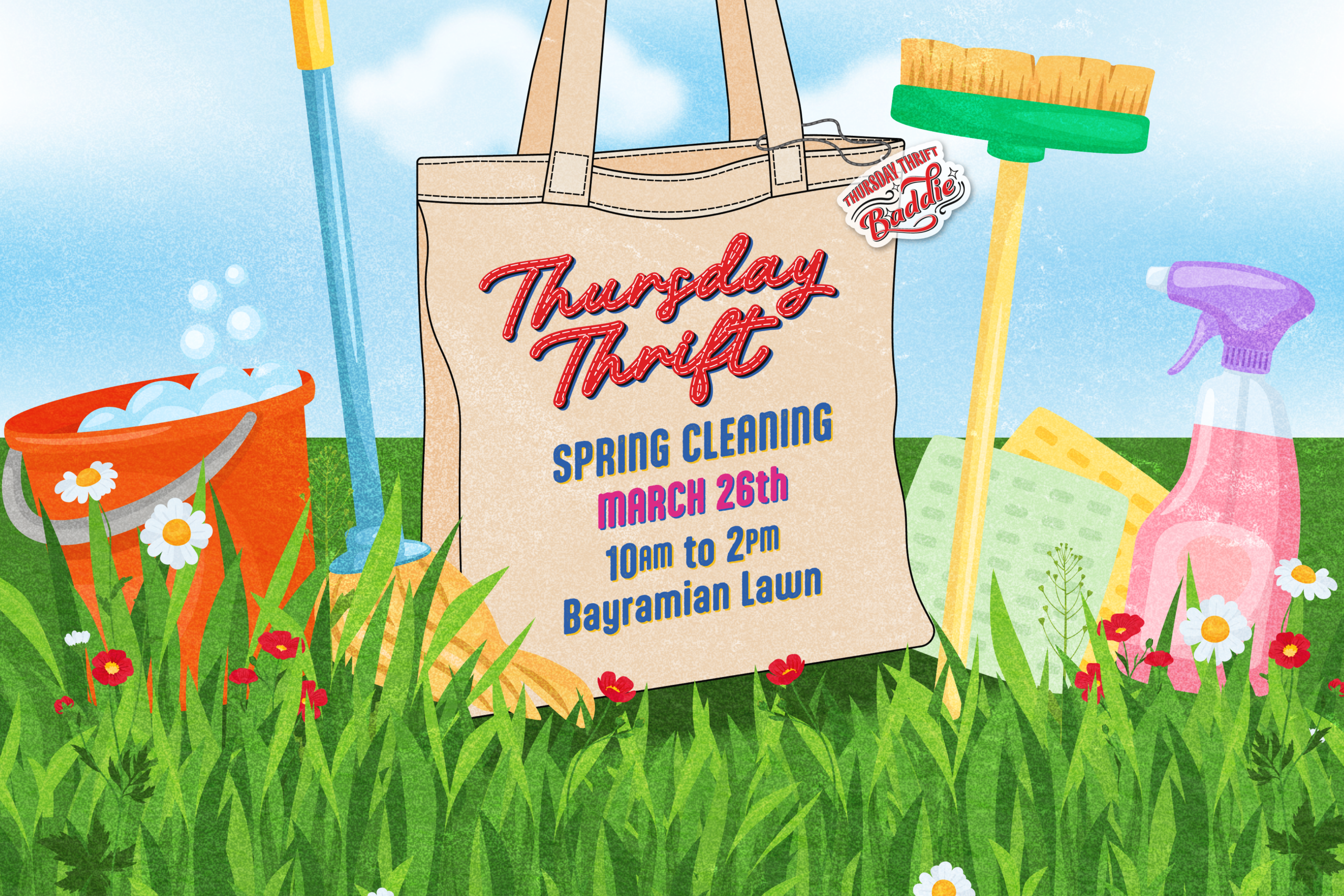 Thursday Thrift Spring Cleaning writing on a tote bag with graphics of cleaning products behind it