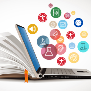 eLearning model - book as laptop electronic book with various course materials icons.