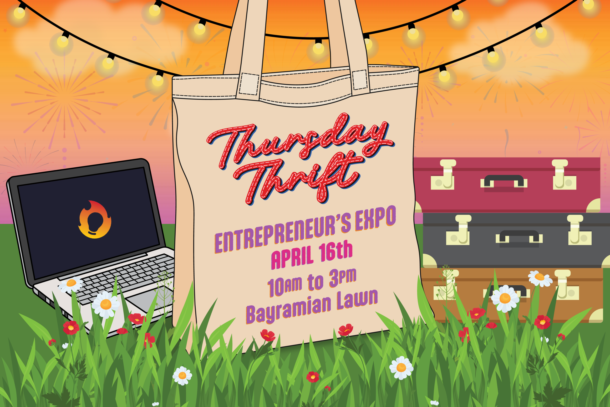 Thursday Thrift Entrepreneurs Expo writing on a tote bags with graphics of briefcases, a laptop and string lights in the background.