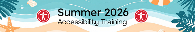 Banner with "Summer 2026 Accessibility Training" over a beach-themed background.