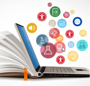 Laptop and book with floating educational and accessibility icons.
