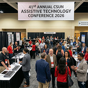 Attendees at the 41st Annual CSUN Assistive Technology Conference 2026, with booths and a registration area in a busy exhibition hall.