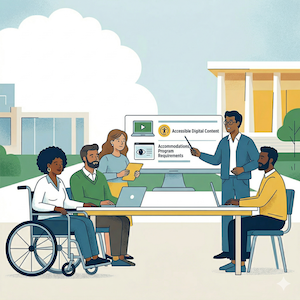 A group of five diverse faculty, including one woman in a wheelchair, discuss around a table with laptops, focusing on a digital display about accessible content.