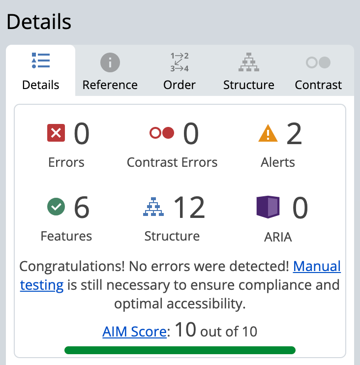 Web interface showing zero errors and a perfect AIM Score of 10 out of 10.