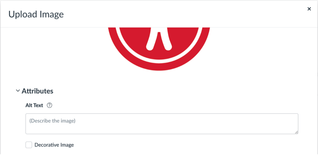 User interface for image upload with input for alt text and checkbox for decorative image.