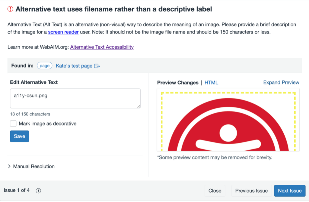Interface highlighting alt-text issue with filename "a11y-csun.png."