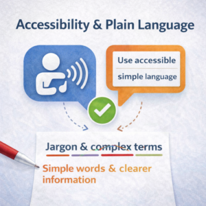Infographic promoting accessibility and plain language with speech bubbles and a checkmark.