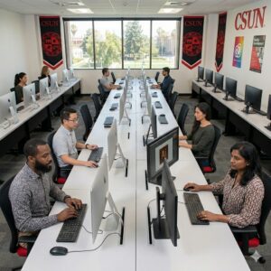 A computer lab with faculty working at desktop computers, with large windows in the background and banners
