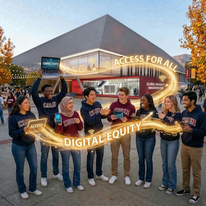 A group of eight CSUN students standing in front of the HSI Innovation Hub, holding electronic devices, with a glowing graphic saying "ACCESS FOR ALL" and "DIGITAL EQUITY."