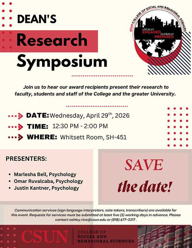 Dean's Research symposium. Beige and red flyer with black text