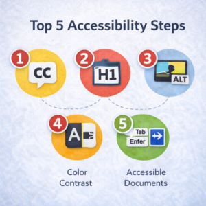 Infographic titled "Top 5 Accessibility Steps" with icons for closed captions, headings, alt text, color contrast, and accessible documents.