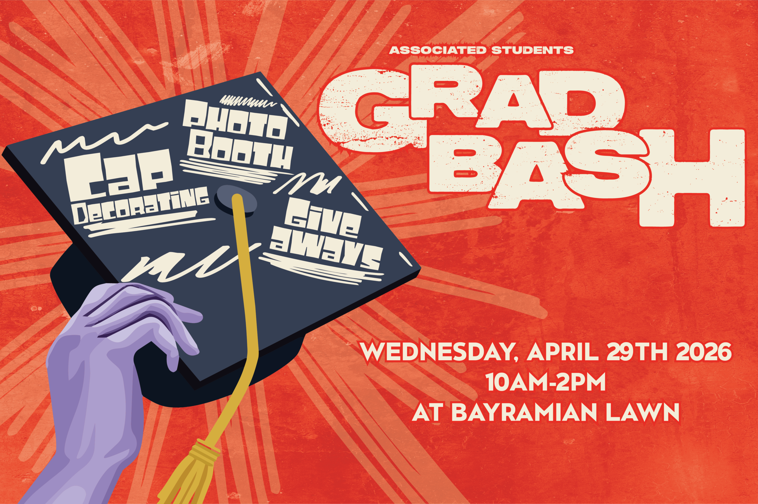 Grad Bash writing with graphic of a hand holding a graduation cap