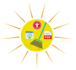 A stylized sun with accessibility, form, PDF icons, and a broom inside its center.