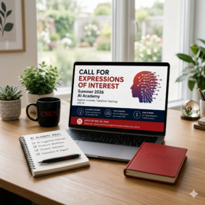 A workspace with a laptop displaying an AI Academy advertisement, a notebook with "AI Academy Ideas," and a "CSUN" mug on a desk