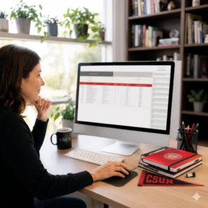 A woman at a desk using an iMac with a spreadsheet visible on the screen, surrounded by CSUN-branded items.
