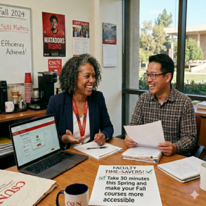 Two people smiling and talking at a table with a laptop and papers in an office.