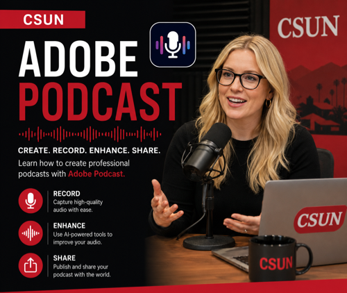 A blond woman using a microphone and Adobe Podcast.