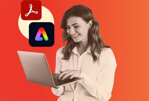 A woman holding a laptop. Adobe logos over the image.