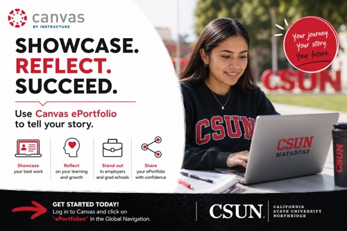 Canvas ePortfiolio at CSUN. A student sitting outside with her laptop.