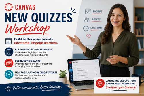A young professor standing at a podium using a laptop and Canvas for quizzes.