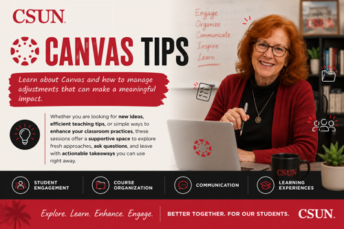 A red-headed female professor using Canvas on a laptop.