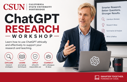 A male professor standing at a podium using a laptop and ChatGPT for research.