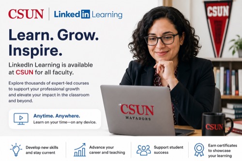 LinkedIn Learning at CSUN. A professor using a laptop.