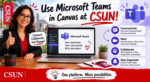 A female professor giving a thumbs up and using MS Teams in Canvas.