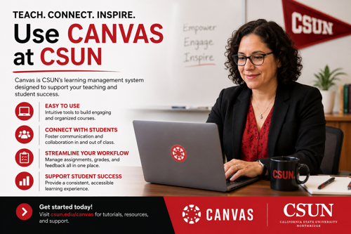 Using Canvas at CSUN. a Professor using her laptop.