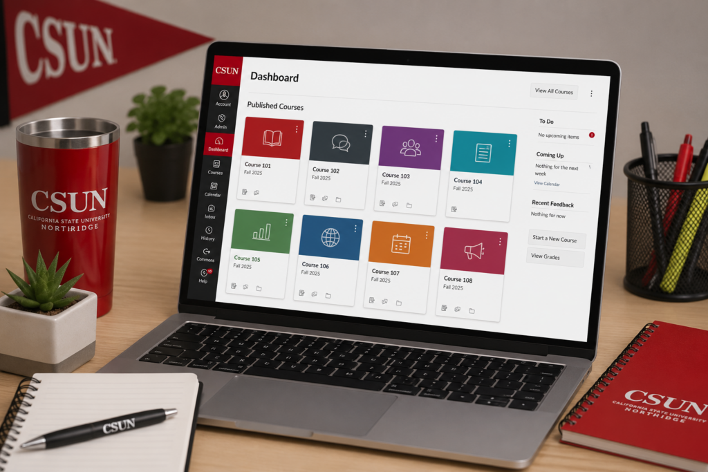 A laptop displaying a course dashboard for CSUN with colorful course blocks. A red tumbler, a small plant, a notebook, and a mesh pen holder are present on the desk.
