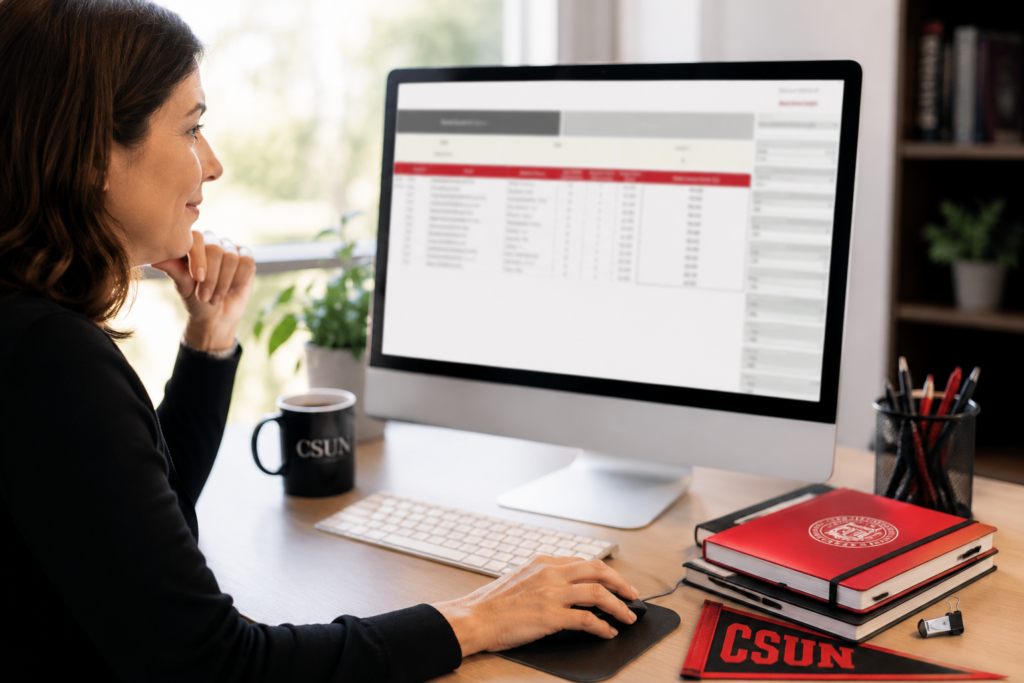 A woman in a black shirt sits at a desk, focused on a computer screen with a spreadsheet. A "CSUN" mug, potted plant, and red notebooks are visible on the desk.