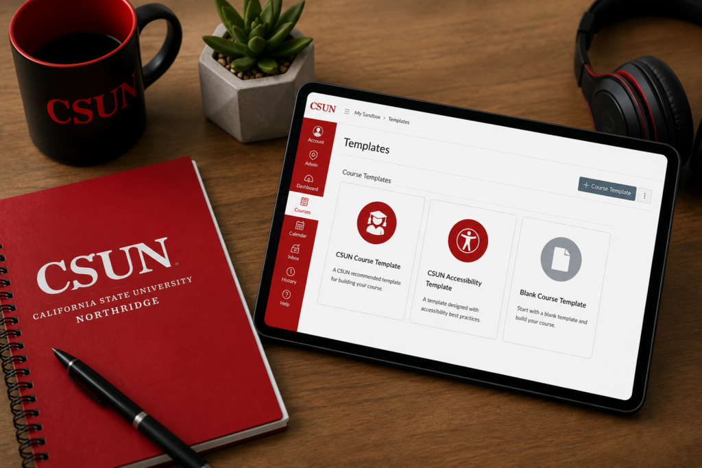 Workspace with a CSUN notebook, black coffee mug, pen, tablet displaying course templates, succulent plant, and headphones.