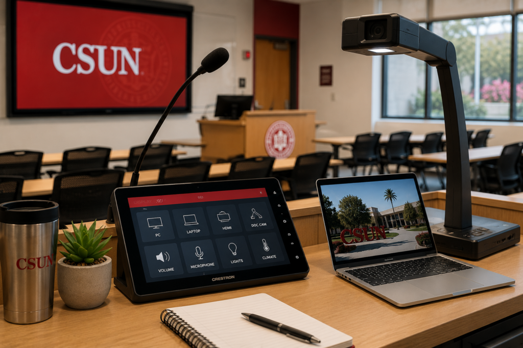 A modern classroom setup at CSUN featuring a touchscreen control panel, a succulent plant, a stainless steel mug, a laptop with a campus image, and a projector arm, with a red CSUN logo displayed on a screen in the background.